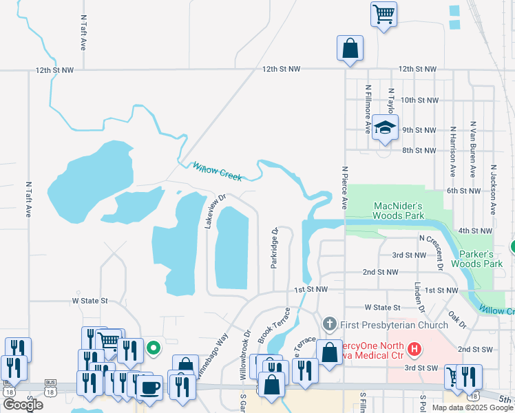 map of restaurants, bars, coffee shops, grocery stores, and more near 125 Lakeview Drive in Mason City