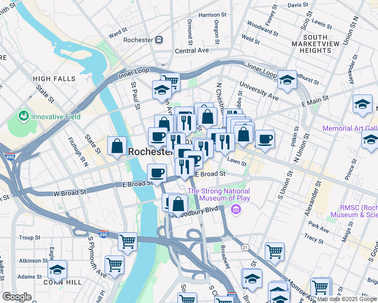 map of restaurants, bars, coffee shops, grocery stores, and more near 60 South Clinton Avenue in Rochester