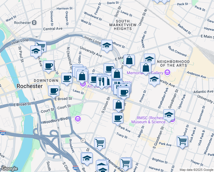 map of restaurants, bars, coffee shops, grocery stores, and more near 20 Union Street in Rochester