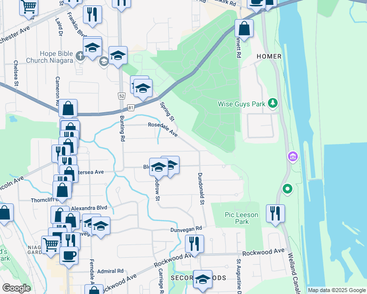 map of restaurants, bars, coffee shops, grocery stores, and more near 61 Greenwood Avenue in St. Catharines