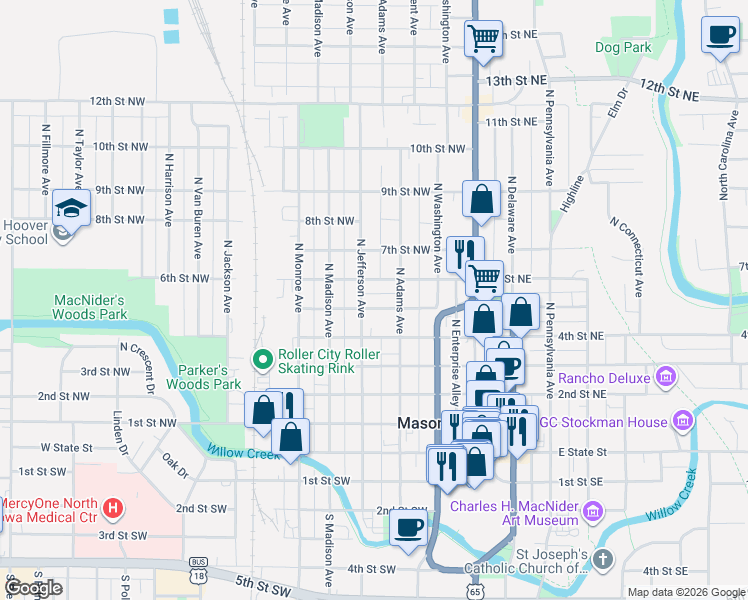map of restaurants, bars, coffee shops, grocery stores, and more near 224 5th Street Northwest in Mason City