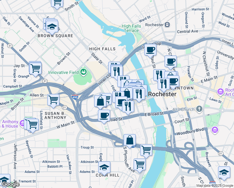 map of restaurants, bars, coffee shops, grocery stores, and more near 121 Fitzhugh Street North in Rochester