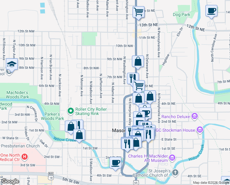 map of restaurants, bars, coffee shops, grocery stores, and more near 130 5th Street Northwest in Mason City