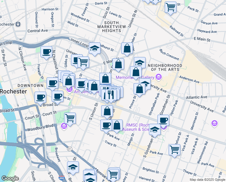 map of restaurants, bars, coffee shops, grocery stores, and more near 28 Lawrence Street in Rochester