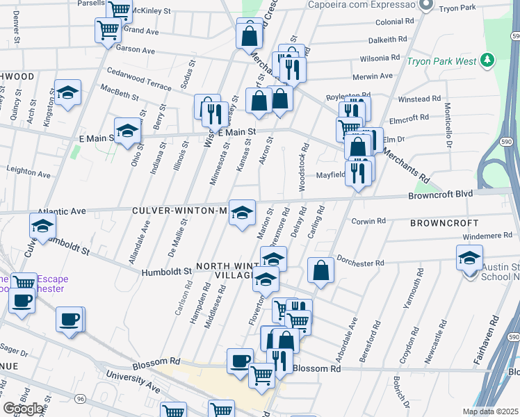 map of restaurants, bars, coffee shops, grocery stores, and more near 357 Marion Street in Rochester