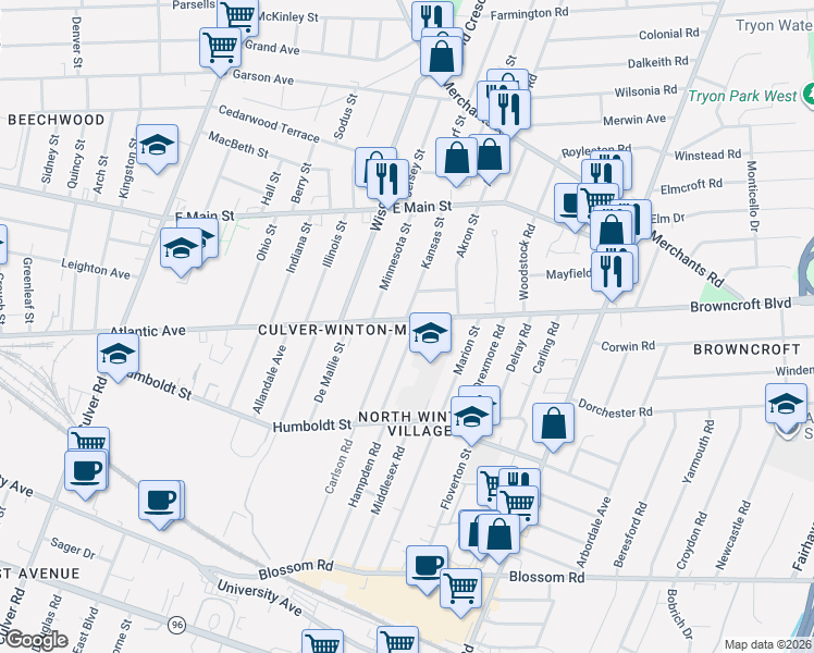 map of restaurants, bars, coffee shops, grocery stores, and more near 1015 Atlantic Avenue in Rochester
