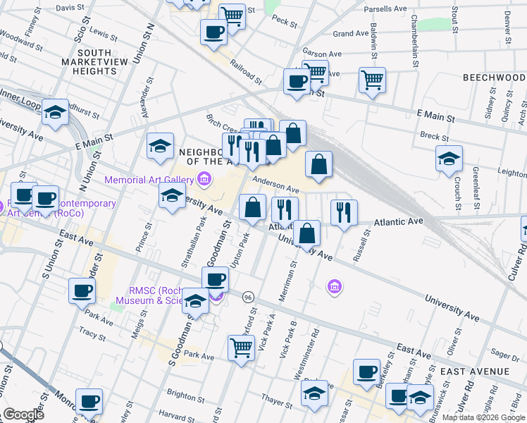 map of restaurants, bars, coffee shops, grocery stores, and more near 25 Beacon Street in Rochester