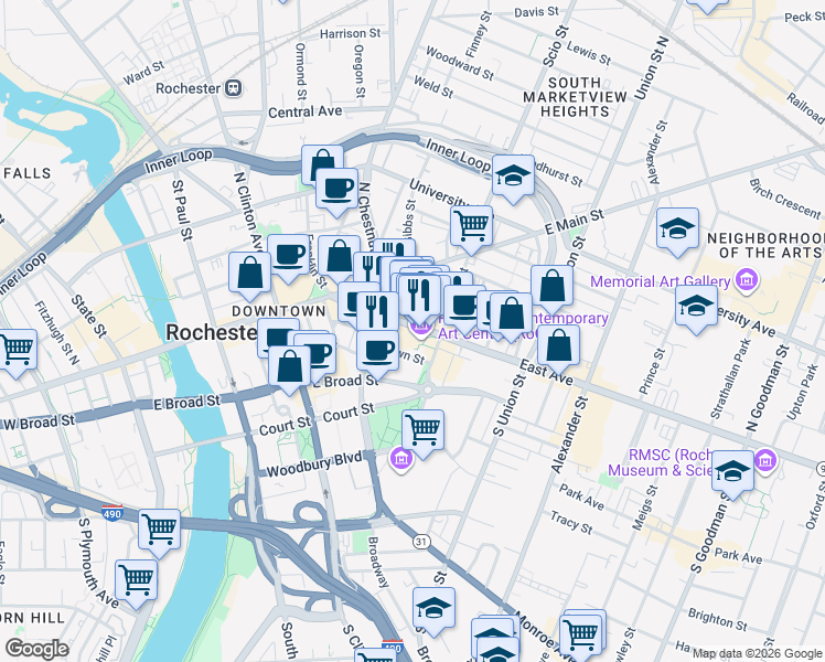 map of restaurants, bars, coffee shops, grocery stores, and more near 123 East Avenue in Rochester