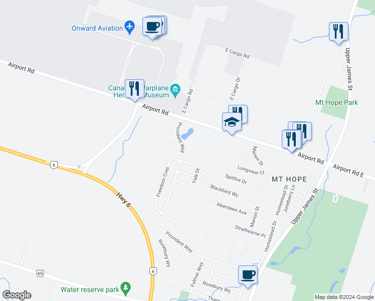 map of restaurants, bars, coffee shops, grocery stores, and more near 9113-9179 Airport Road in Hamilton