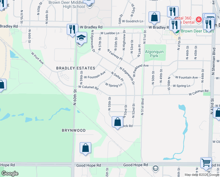 map of restaurants, bars, coffee shops, grocery stores, and more near 5411 West Spring Lane in Milwaukee