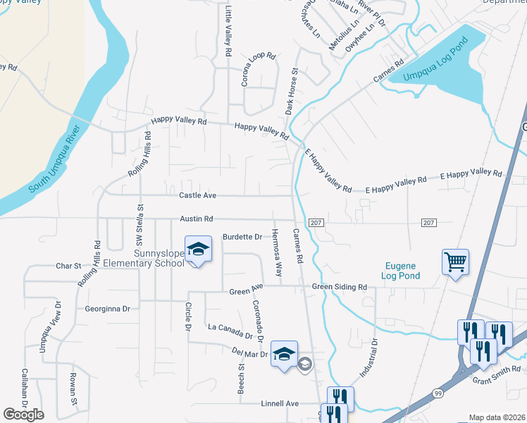 map of restaurants, bars, coffee shops, grocery stores, and more near 1962 Austin Road in Roseburg