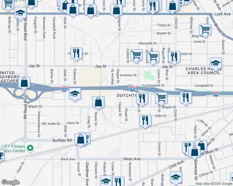 map of restaurants, bars, coffee shops, grocery stores, and more near 15 Mildred Street in Rochester