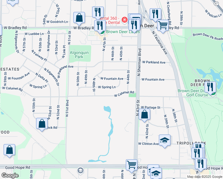 map of restaurants, bars, coffee shops, grocery stores, and more near 4539 West Spring Lane in Brown Deer