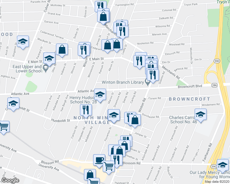 map of restaurants, bars, coffee shops, grocery stores, and more near 1095 Atlantic Avenue in Rochester