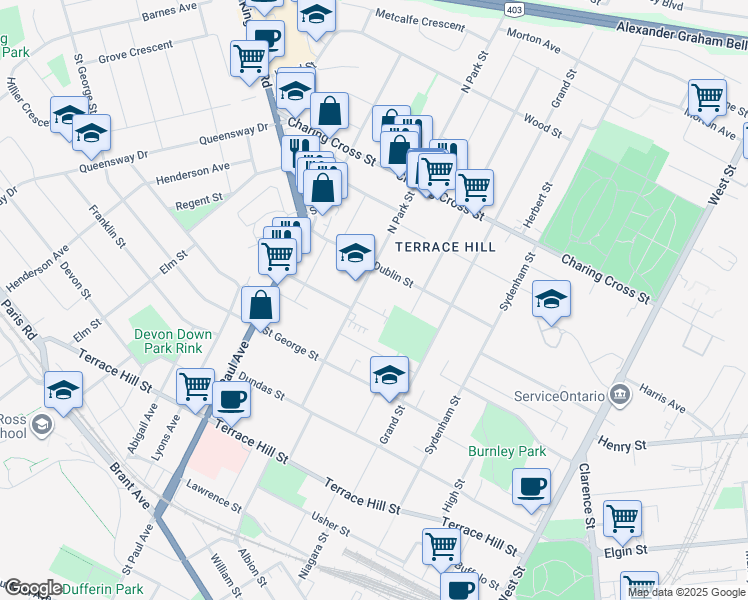 map of restaurants, bars, coffee shops, grocery stores, and more near 67 North Park Street in Brantford