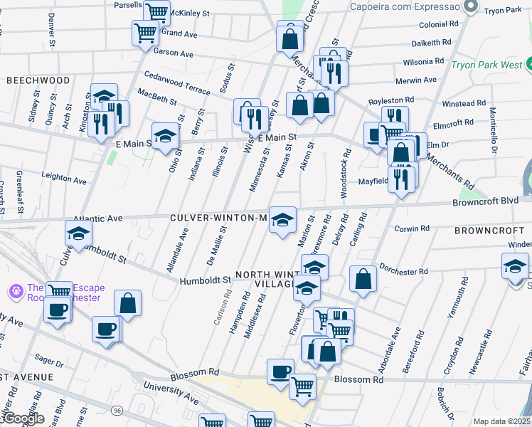 map of restaurants, bars, coffee shops, grocery stores, and more near 965 Atlantic Avenue in Rochester