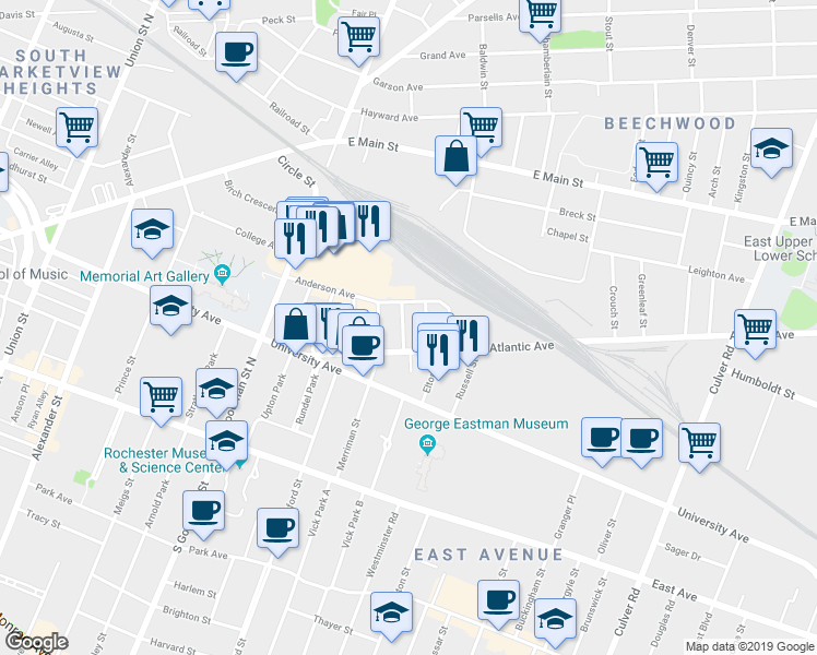 map of restaurants, bars, coffee shops, grocery stores, and more near 5 Fairmount Street in Rochester