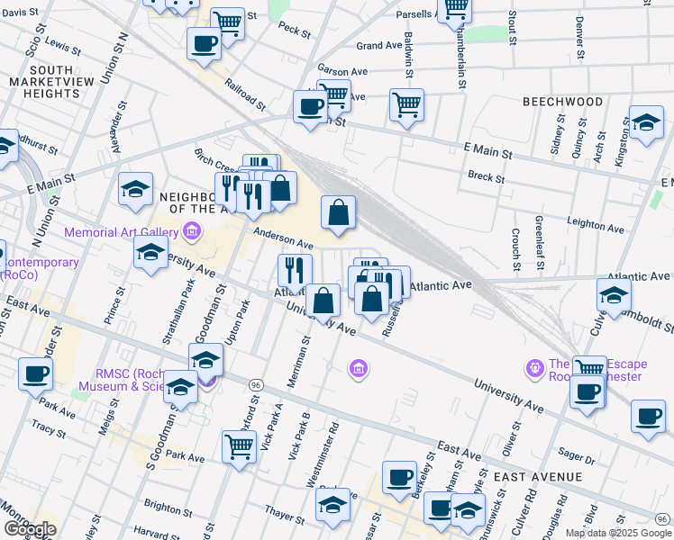 map of restaurants, bars, coffee shops, grocery stores, and more near 5 Fairmount Street in Rochester