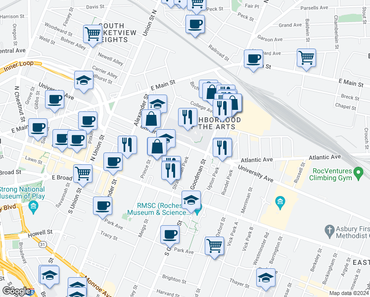 map of restaurants, bars, coffee shops, grocery stores, and more near 517 University Avenue in Rochester