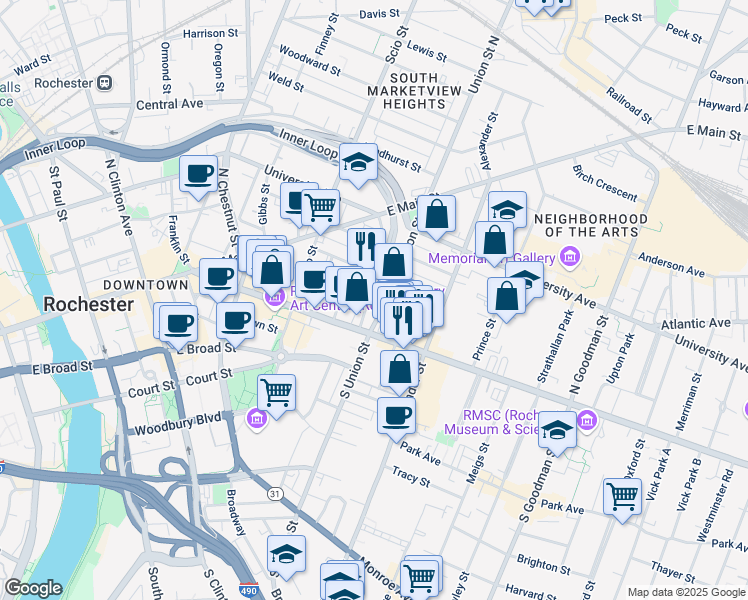 map of restaurants, bars, coffee shops, grocery stores, and more near 20 Union Street in Rochester