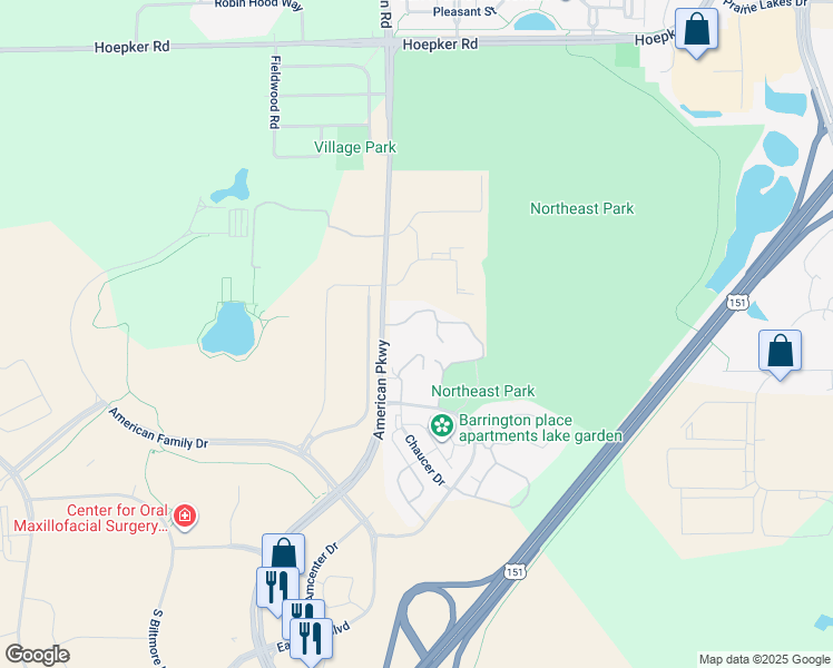 map of restaurants, bars, coffee shops, grocery stores, and more near 5833 American Parkway in Madison