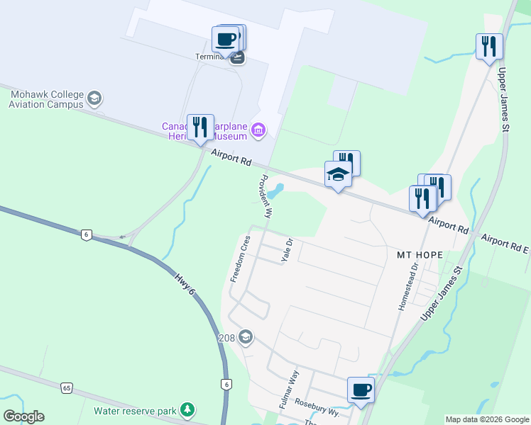 map of restaurants, bars, coffee shops, grocery stores, and more near 9113-9179 Airport Road in Hamilton