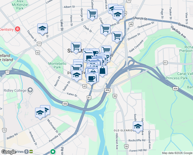 map of restaurants, bars, coffee shops, grocery stores, and more near 90 Saint Paul Street in St. Catharines