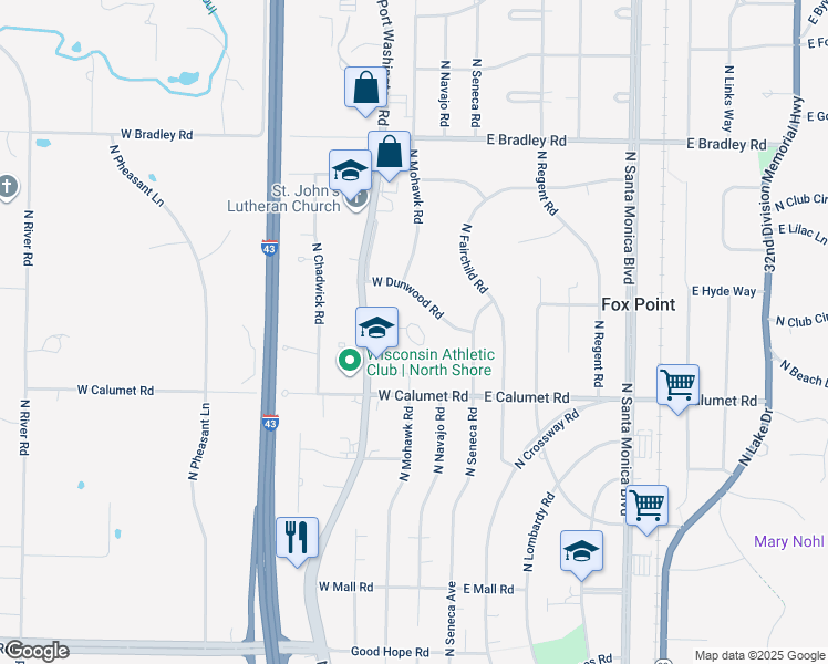 map of restaurants, bars, coffee shops, grocery stores, and more near 7700 North Port Washington Road in Fox Point