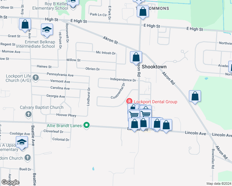 map of restaurants, bars, coffee shops, grocery stores, and more near 54 Continental Drive in Lockport