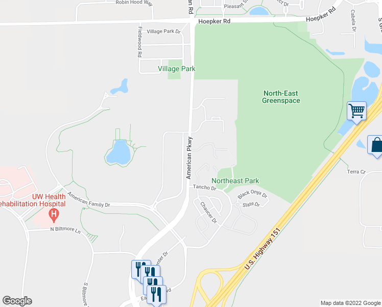 map of restaurants, bars, coffee shops, grocery stores, and more near 5833 American Parkway in Madison