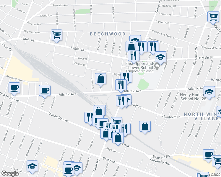 map of restaurants, bars, coffee shops, grocery stores, and more near 13 Mayberry Street in Rochester