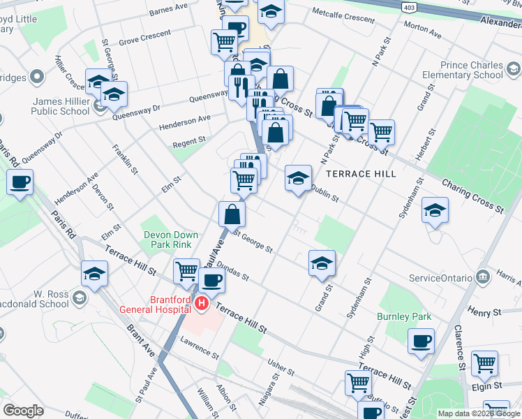 map of restaurants, bars, coffee shops, grocery stores, and more near 3 Dundee Street in Brantford