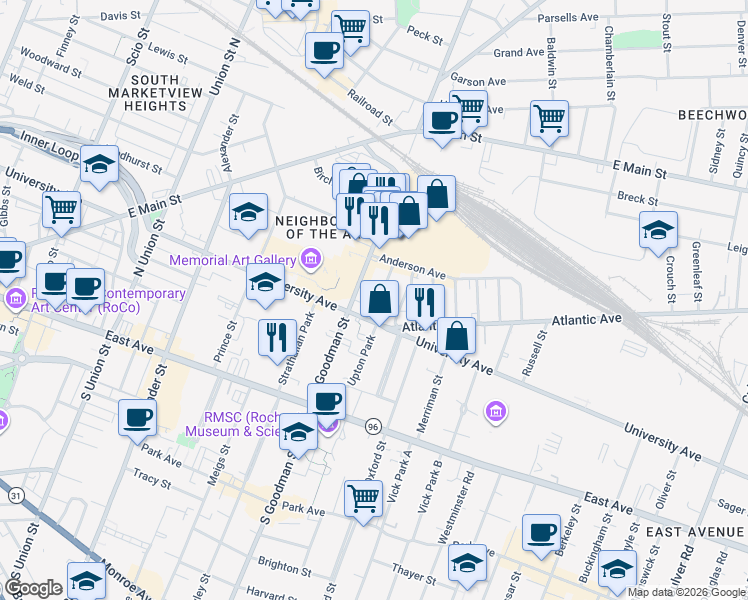 map of restaurants, bars, coffee shops, grocery stores, and more near 160 North Goodman Street in Rochester