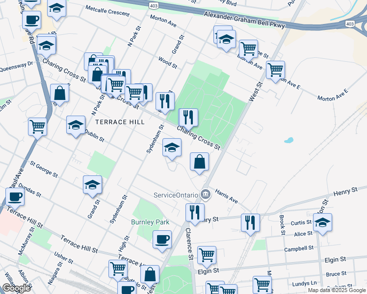 map of restaurants, bars, coffee shops, grocery stores, and more near 176 Charing Cross Street in Brantford