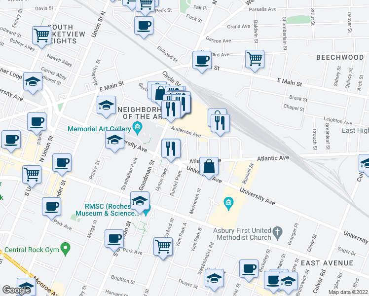 map of restaurants, bars, coffee shops, grocery stores, and more near 44 Beacon Street in Rochester