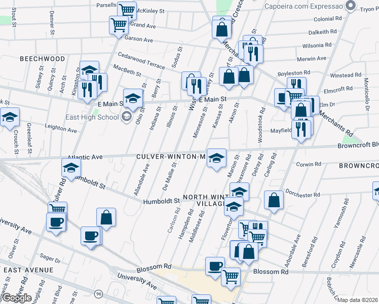 map of restaurants, bars, coffee shops, grocery stores, and more near 0 Minnesota Street in Rochester