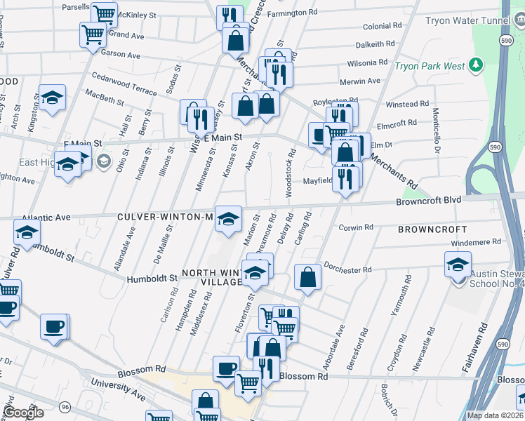map of restaurants, bars, coffee shops, grocery stores, and more near 178 Drexmore Road in Rochester