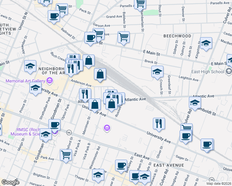 map of restaurants, bars, coffee shops, grocery stores, and more near 266 Anderson Avenue in Rochester