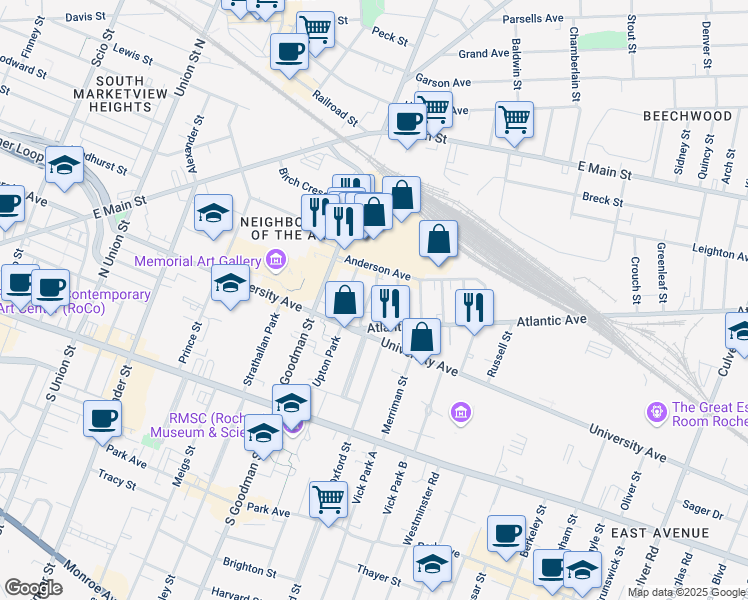 map of restaurants, bars, coffee shops, grocery stores, and more near 25 Beacon Street in Rochester