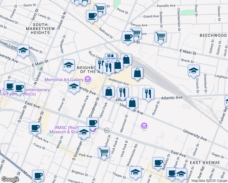 map of restaurants, bars, coffee shops, grocery stores, and more near 25 Beacon Street in Rochester