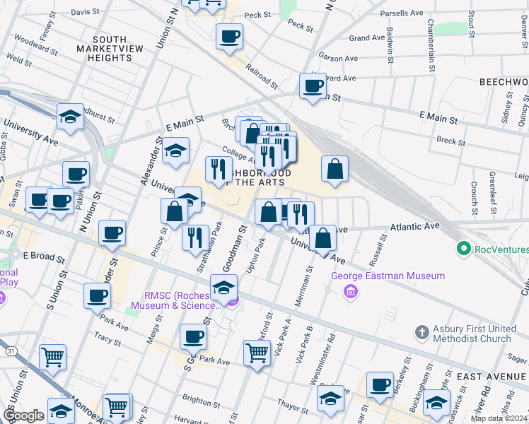map of restaurants, bars, coffee shops, grocery stores, and more near 160 North Goodman Street in Rochester
