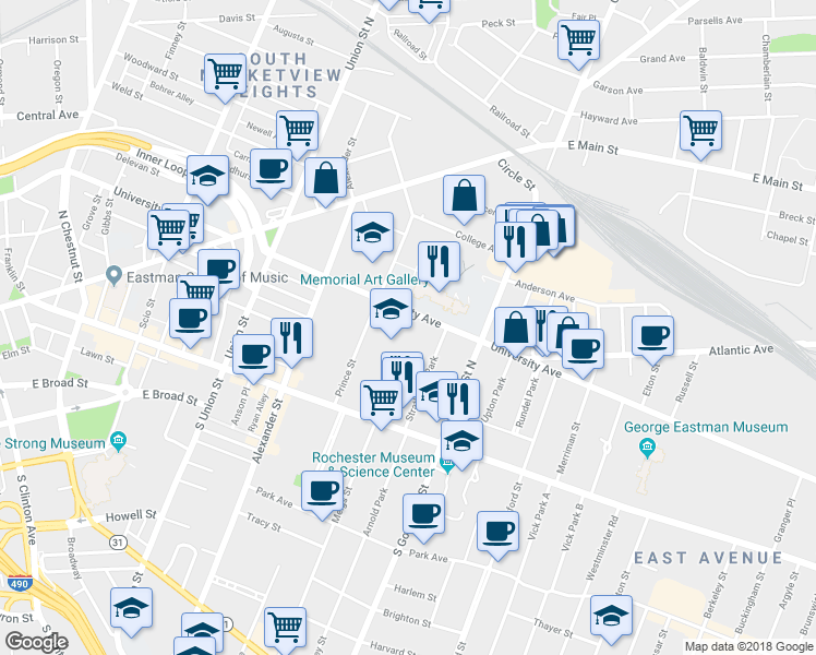 map of restaurants, bars, coffee shops, grocery stores, and more near 517 University Avenue in Rochester