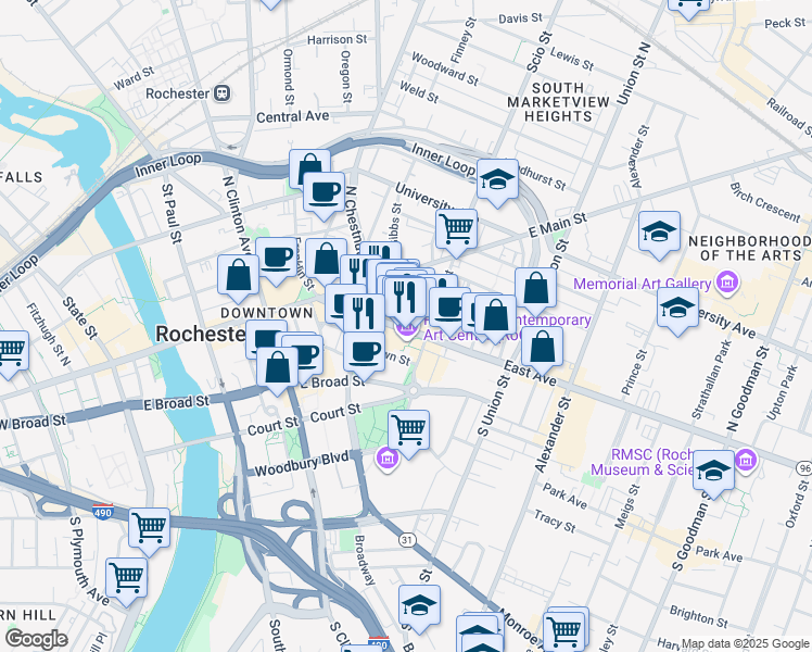 map of restaurants, bars, coffee shops, grocery stores, and more near 123 East Avenue in Rochester