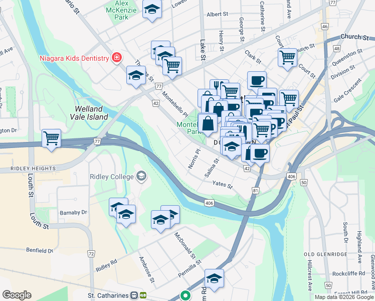 map of restaurants, bars, coffee shops, grocery stores, and more near in St. Catharines
