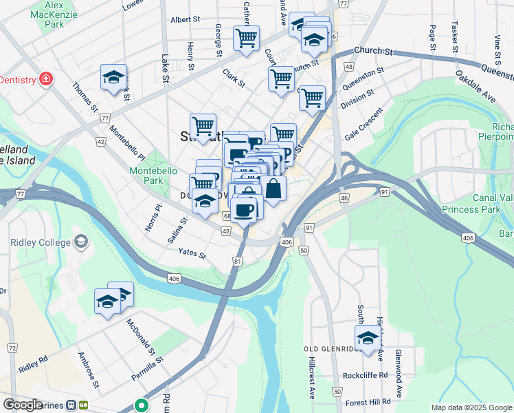 map of restaurants, bars, coffee shops, grocery stores, and more near in St. Catharines