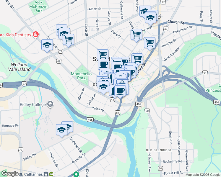 map of restaurants, bars, coffee shops, grocery stores, and more near 12 King Street in St. Catharines