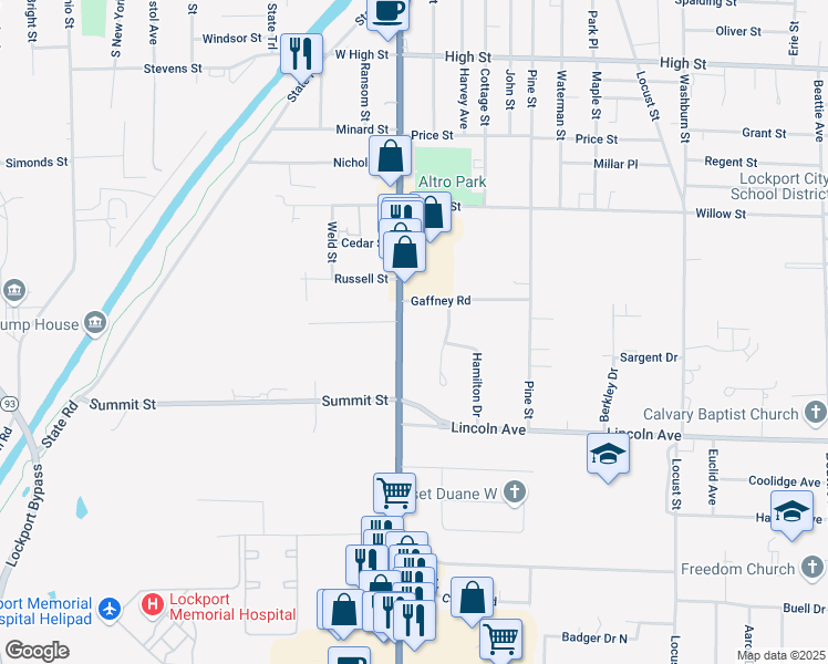 map of restaurants, bars, coffee shops, grocery stores, and more near 26 Jefferson Drive in Lockport