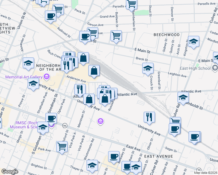 map of restaurants, bars, coffee shops, grocery stores, and more near 266 Anderson Avenue in Rochester