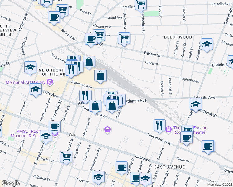 map of restaurants, bars, coffee shops, grocery stores, and more near 266 Anderson Avenue in Rochester