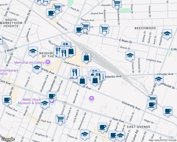 map of restaurants, bars, coffee shops, grocery stores, and more near 5 Fairmount Street in Rochester